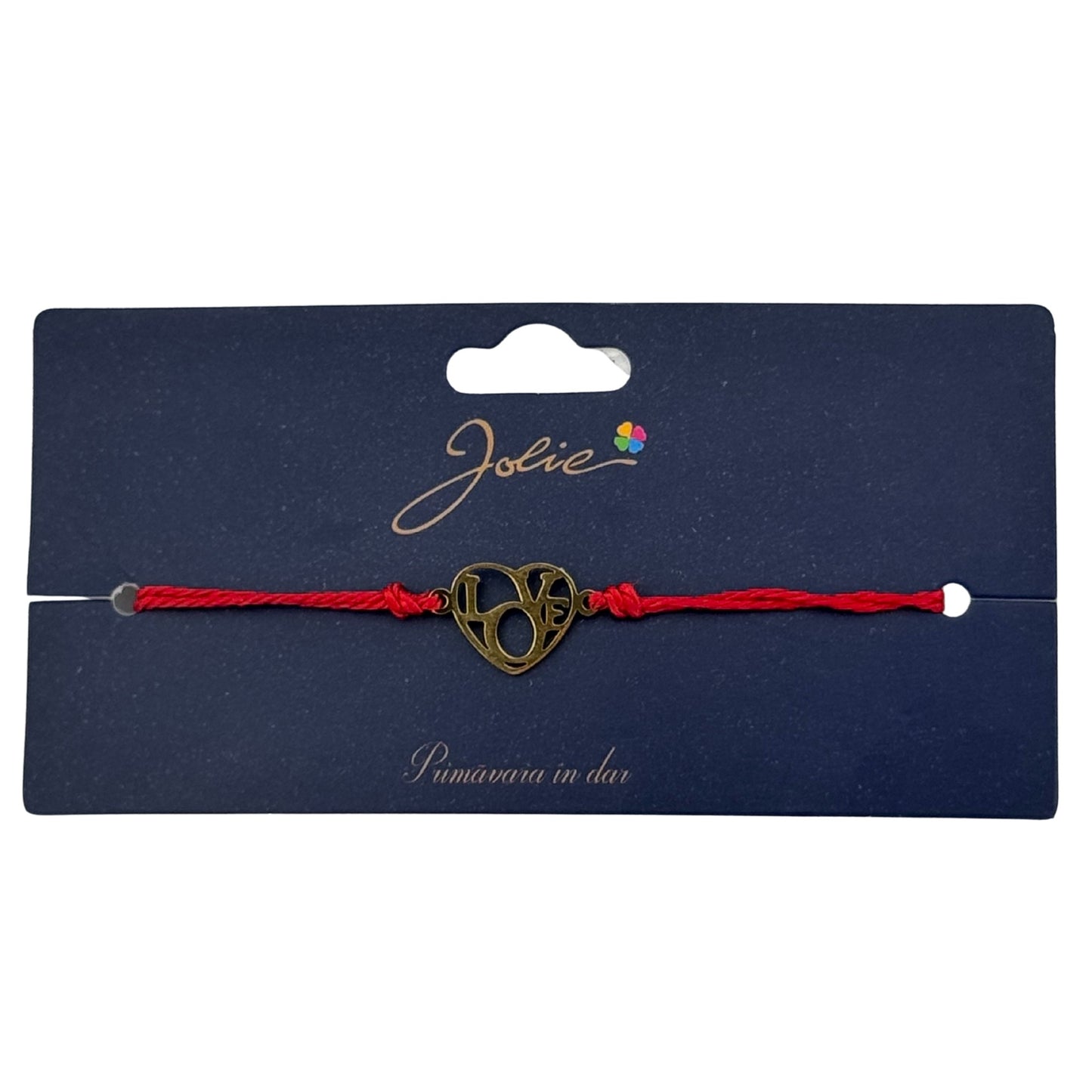 Martisor Bratara Primavara, Textil si Inox, Jolie, Snur Rosu, Model Inima Love, Auriu