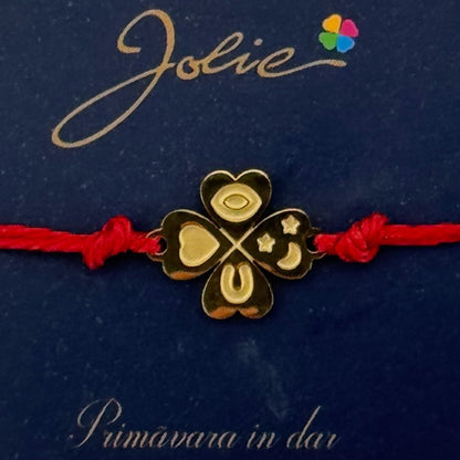 Martisor Bratara Primavara, Textil si Inox, Jolie, Snur Rosu, Model Trifoi cu Patru Foi, Auriu
