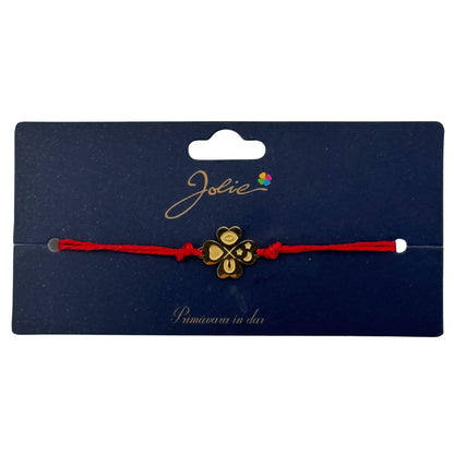 Martisor Bratara Primavara, Textil si Inox, Jolie, Snur Rosu, Model Trifoi cu Patru Foi, Auriu