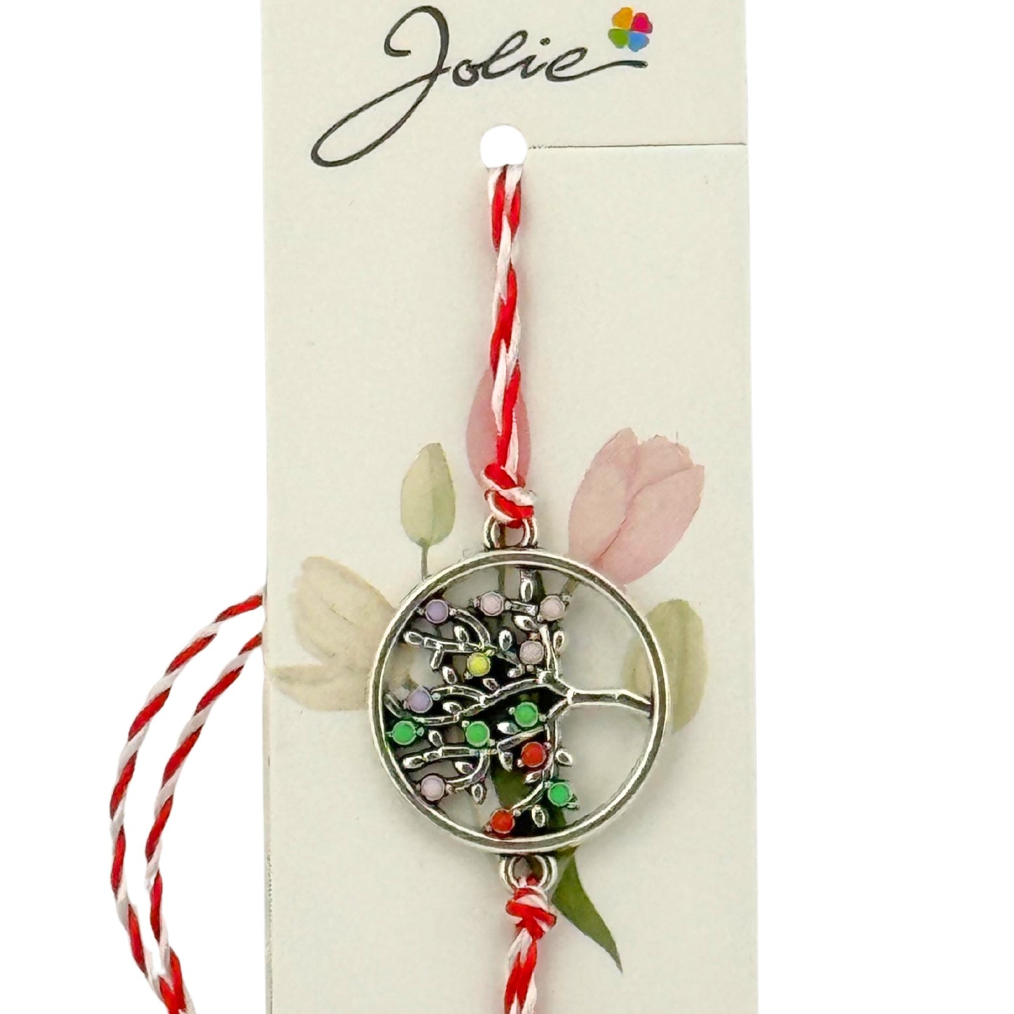 Martisor Bratara Snur Alb-Rosu, Jolie, Pandantiv Metalic, Model Copacul Vietii