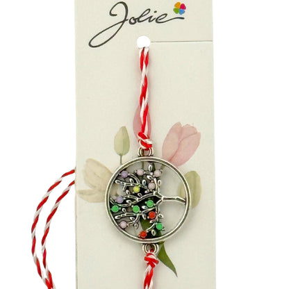 Martisor Bratara Snur Alb-Rosu, Jolie, Pandantiv Metalic, Model Copacul Vietii
