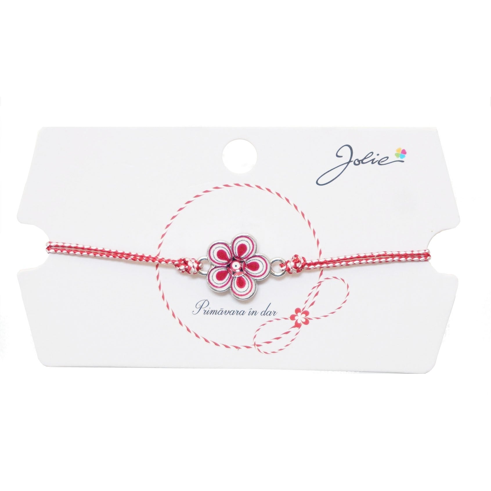 Martisor tip Bratara Traditionala cu Pandantiv, Jolie, Model Floare, Snur Impletit Alb/Rosu, Dimensiune Pandativ Aprox 2 cm, Ambalaj cu Design