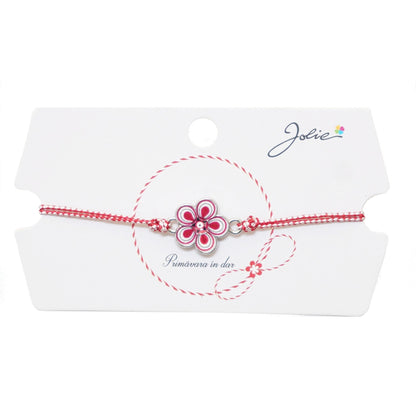 Martisor tip Bratara Traditionala cu Pandantiv, Jolie, Model Floare, Snur Impletit Alb/Rosu, Dimensiune Pandativ Aprox 2 cm, Ambalaj cu Design