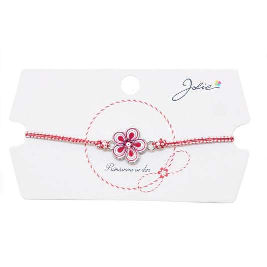 Martisor tip Bratara Traditionala cu Pandantiv, Jolie, Model Floare, Snur Impletit Alb/Rosu, Dimensiune Pandativ Aprox 2 cm, Ambalaj cu Design