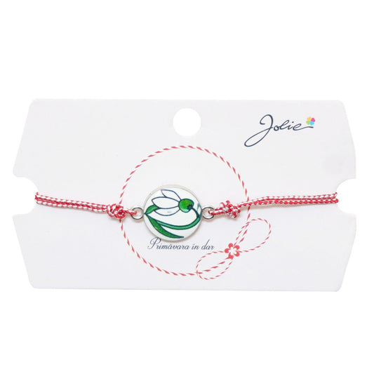 Martisor tip Bratara Traditionala cu Pandantiv, Jolie, Model Ghiocel, Snur Impletit Alb/Rosu, Dimensiune Pandativ Aprox 2 cm, Ambalaj cu Design