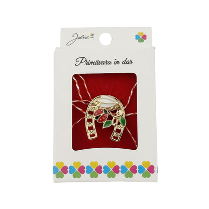 Martisor Brosa, Jolie, Model Potcoava cu Ghiocel si Buburuza, Metal Emailat in Culori, Sistem de Prindere cu Ac, Dimensiune 2.5–3 cm, Ambalaj Individual cu Design, Multicolor