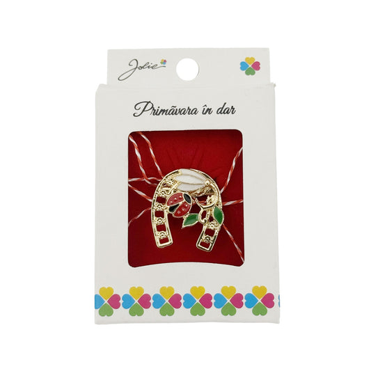 Martisor Brosa, Jolie, Model Potcoava cu Ghiocel si Buburuza, Metal Emailat in Culori, Sistem de Prindere cu Ac, Dimensiune 2.5–3 cm, Ambalaj Individual cu Design, Multicolor