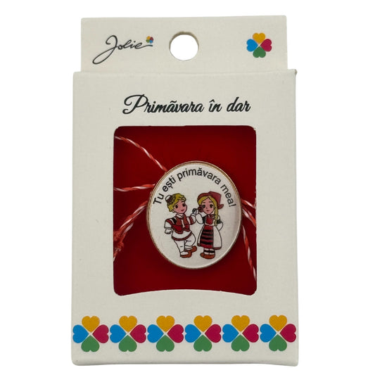 Martisor Brosa Mica in Cutie, Jolie, Design cu Mesaj, Material Metal, Dimensiune 2.5-3 cm, Model Traditional Fata si Baiat