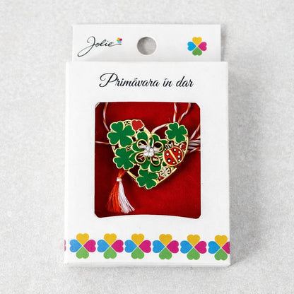 Martisor Brosa Mica in Cutie, Jolie, Dimensiune Brosa 2,5-3 cm, Material Metal, Model Inima Cu Trifoi, Multicolor