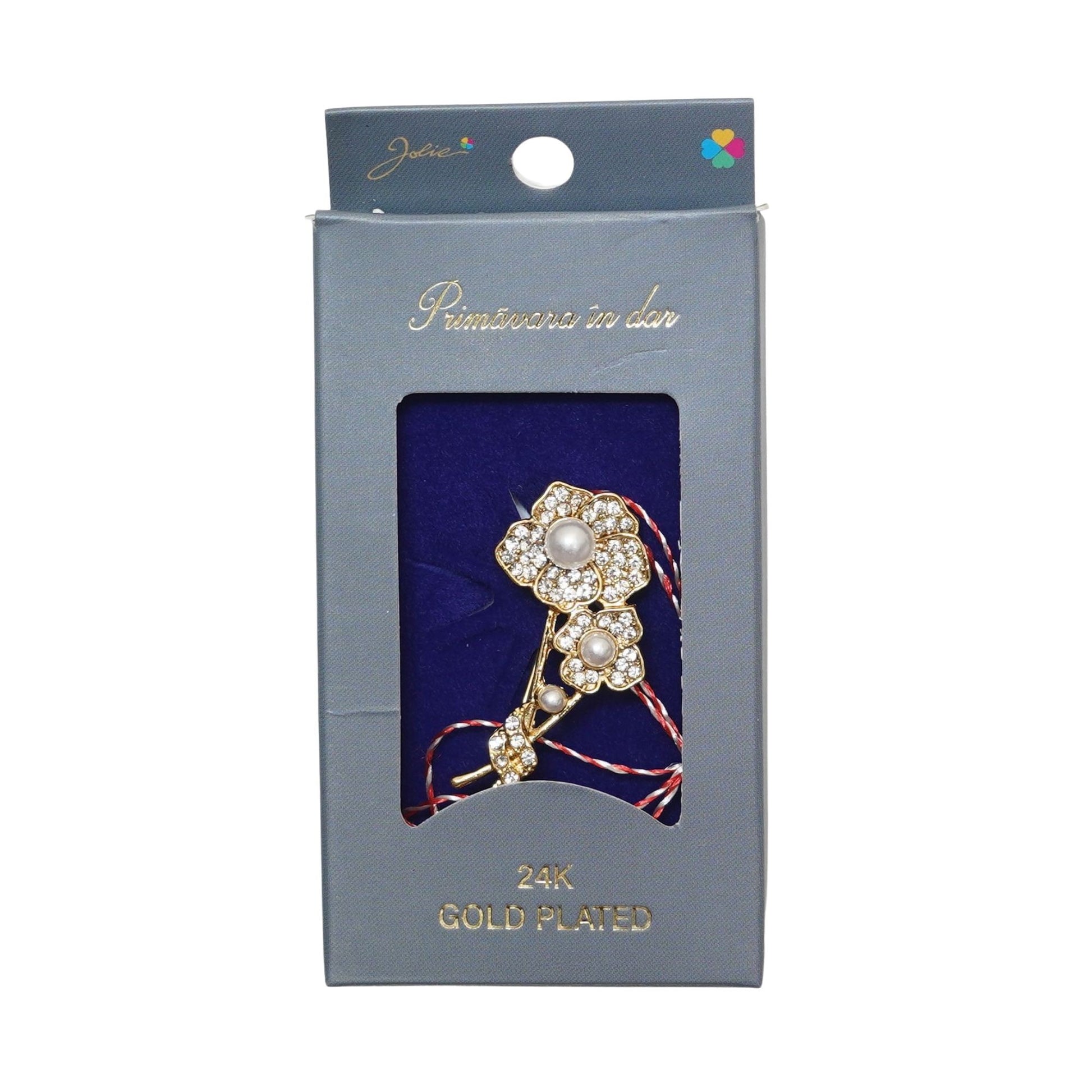 Martisor Brosa Placata cu Aur 24K, Jolie, Ambalaj Carton cu Design, Material Metal, Model Floare, Dimensiune Brosa 2 - 3 cm, Auriu/Rosu