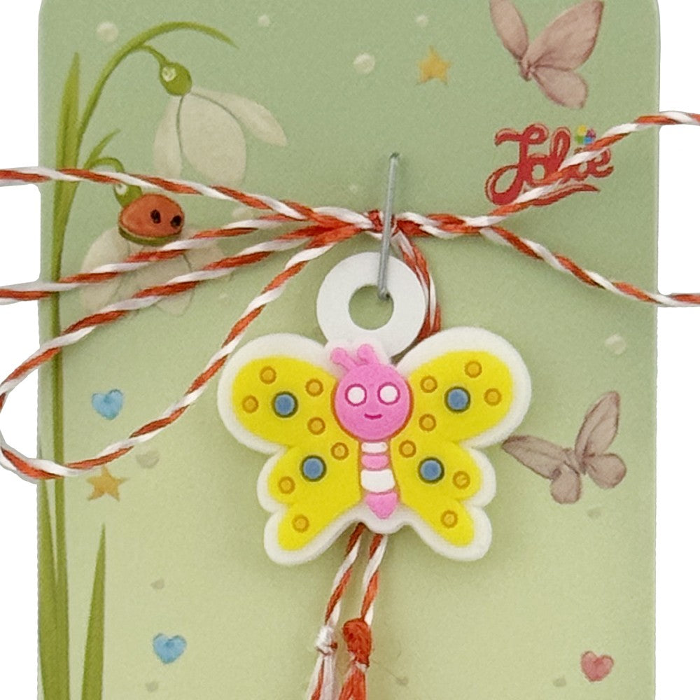Martisor pentru Copii, Jolie, Model FLUTURE, din Cauciuc, cu Snur Impletit Alb/Rosu, Ambalaj Carton cu Design, Alb/Galben