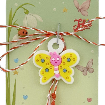 Martisor pentru Copii, Jolie, Model FLUTURE, din Cauciuc, cu Snur Impletit Alb/Rosu, Ambalaj Carton cu Design, Alb/Galben