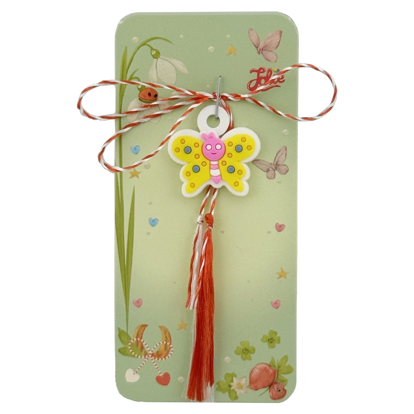 Martisor pentru Copii, Jolie, Model FLUTURE, din Cauciuc, cu Snur Impletit Alb/Rosu, Ambalaj Carton cu Design, Alb/Galben