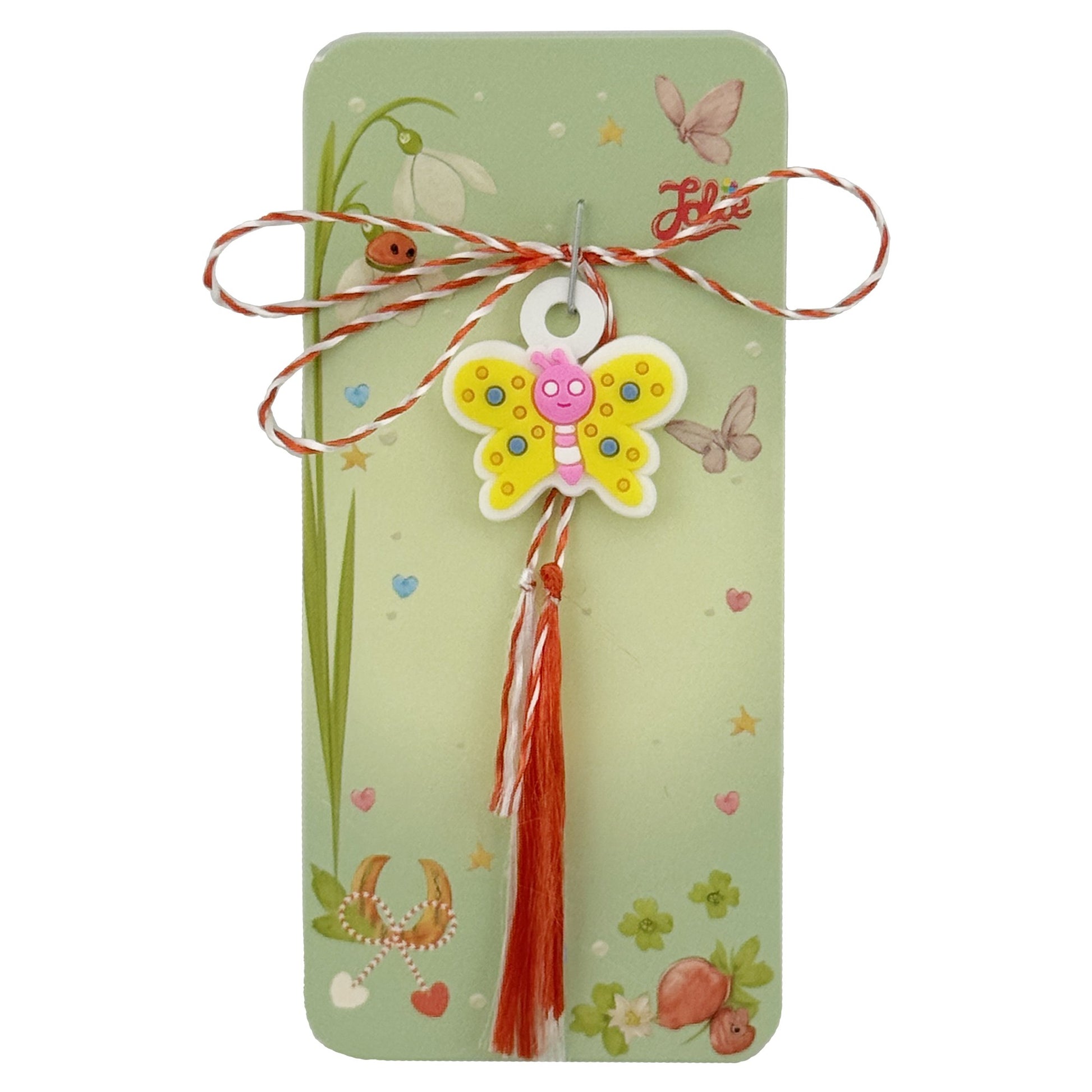 Martisor pentru Copii, Jolie, Model FLUTURE, din Cauciuc, cu Snur Impletit Alb/Rosu, Ambalaj Carton cu Design, Alb/Galben