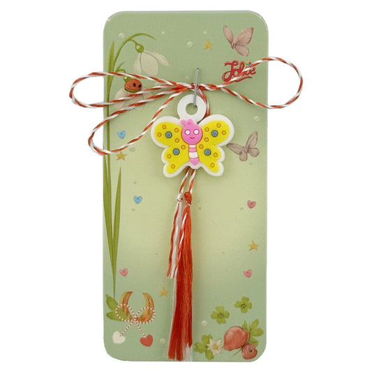 Martisor pentru Copii, Jolie, Model FLUTURE, din Cauciuc, cu Snur Impletit Alb/Rosu, Ambalaj Carton cu Design, Alb/Galben