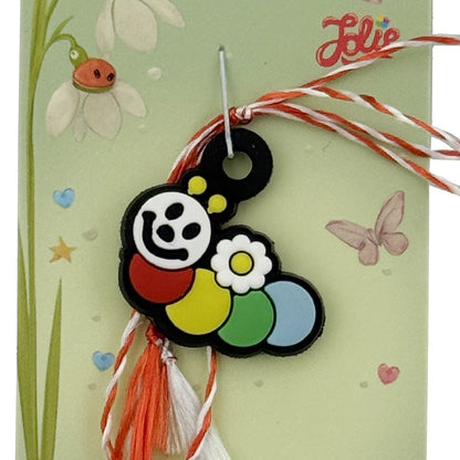 Martisor pentru Copii, Jolie, Model OMIDA, din Cauciuc, cu Snur Impletit Alb/Rosu, Ambalaj Carton cu Design, Multicolor