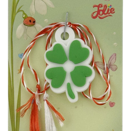 Martisor pentru Copii, Jolie, Model TRIFOI, din Cauciuc, cu Snur Impletit Alb/Rosu, Ambalaj Carton cu Design, Alb/Verde