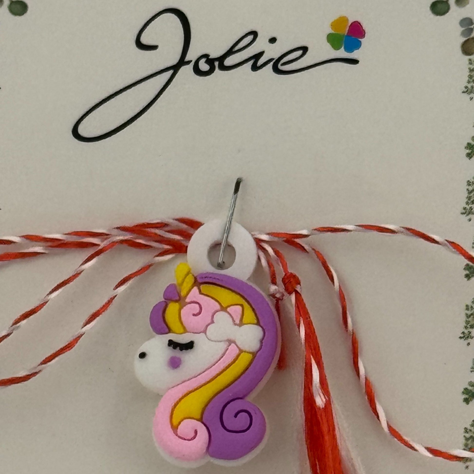 Martisor pentru Copii, Jolie, Material Cauciuc, Ambalaj Carton cu Design, Multicolor, Model Unicorn