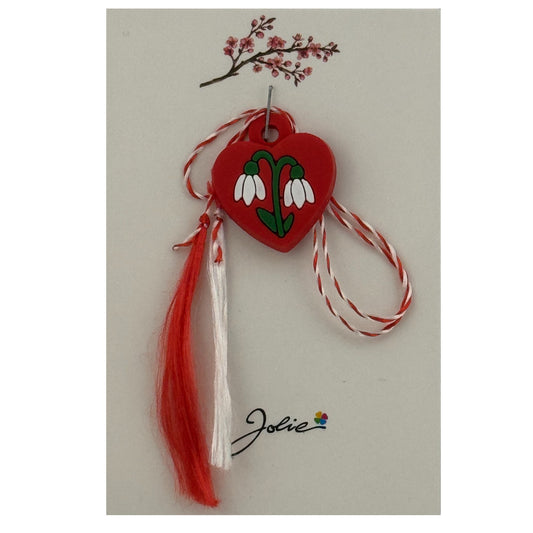 Martisor pentru Copii, Jolie, Material Cauciuc, Ambalaj Carton cu Design, Multicolor, Model Inima si Ghiocel