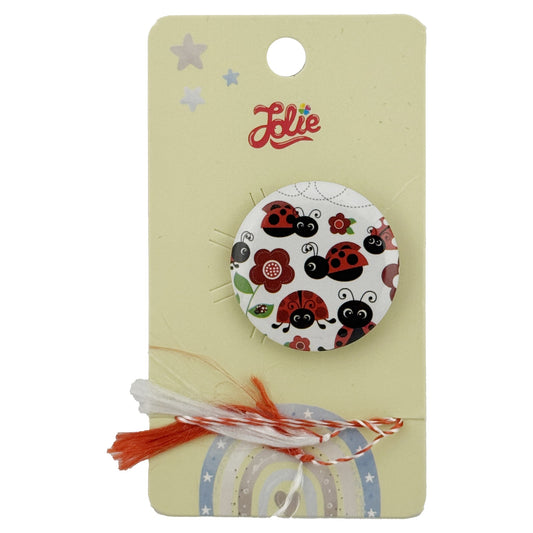 Martisor cu Brosa pentru copii, Jolie, Material Metal, Ambalaj Carton cu Design, Model Buburuze, Alb