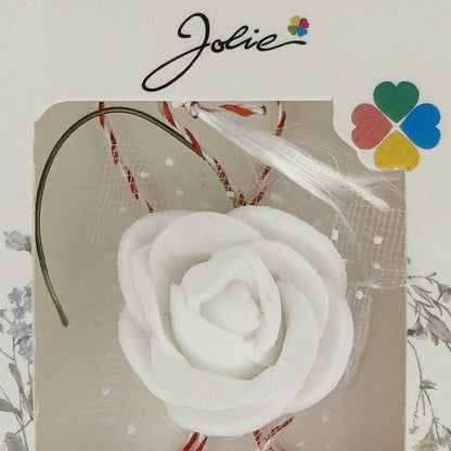 Martisor Motiv Floral, Jolie, Model Trandafir, cu Snur Alb/Rosu, 9 x 5 cm, Alb