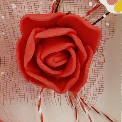 Martisor Motiv Floral, Jolie, Model Trandafir, cu Snur Alb/Rosu, 9 x 5 cm, Rosu