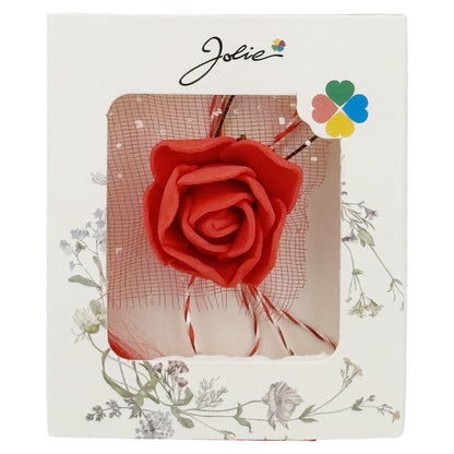 Martisor Motiv Floral, Jolie, Model Trandafir, cu Snur Alb/Rosu, 9 x 5 cm, Rosu