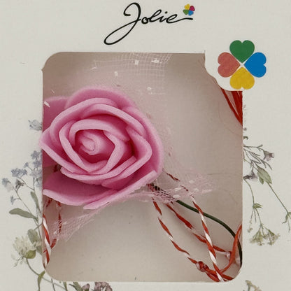 Martisor Motiv Floral, Jolie, Model Trandafir, cu Snur Alb/Rosu, 9 x 5 cm, Roz
