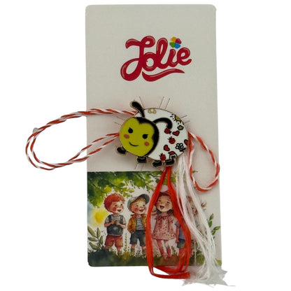 Martisor pentru copii, Jolie, Material Metal, Ambalaj Carton cu Design, Dimensiune Brosa Aproximativ 2x2 cm, Model Buburuza, Multicolor