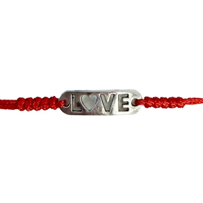 Martisor tip Bratara cu Pandantiv Metalic, Jolie, cu Snur Textil Rosu Impletit, Model Love, Dimensiune Reglabila, Ambalata Individual