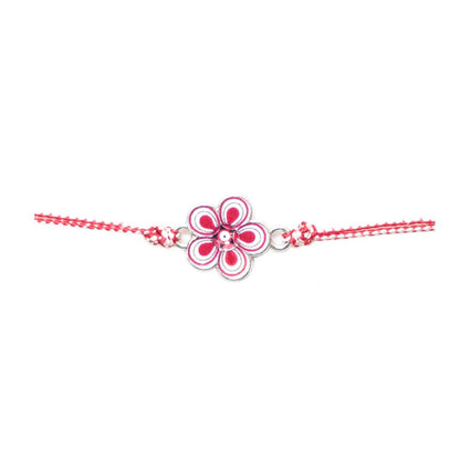 Martisor tip Bratara Traditionala cu Pandantiv, Jolie, Model Floare, Snur Impletit Alb/Rosu, Dimensiune Pandativ Aprox 2 cm, Ambalaj cu Design