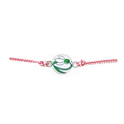 Martisor tip Bratara Traditionala cu Pandantiv, Jolie, Model Ghiocel, Snur Impletit Alb/Rosu, Dimensiune Pandativ Aprox 2 cm, Ambalaj cu Design