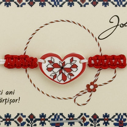 Martisor Traditional Bratara Norocoasa, Jolie, Model Inima, Bratara Martisor pentru Copii, din Plastic/Textil, Snur Alb/Rosu