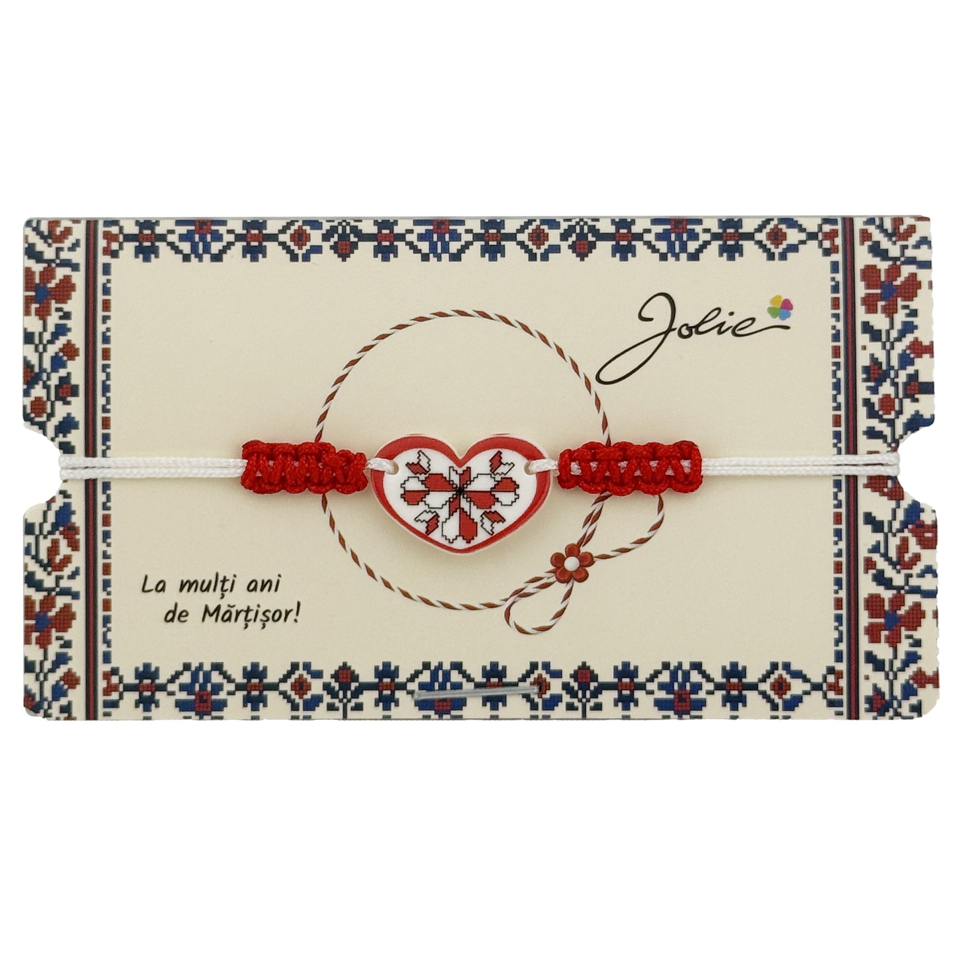 Martisor Traditional Bratara Norocoasa, Jolie, Model Inima, Bratara Martisor pentru Copii, din Plastic/Textil, Snur Alb/Rosu