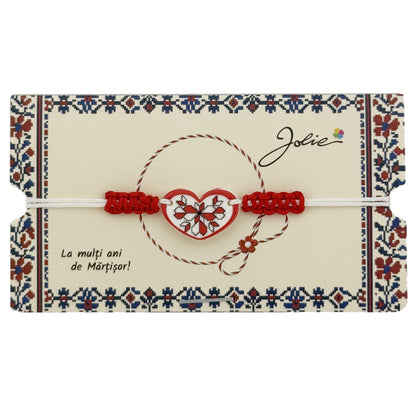 Martisor Traditional Bratara Norocoasa, Jolie, Model Inima, Bratara Martisor pentru Copii, din Plastic/Textil, Snur Alb/Rosu