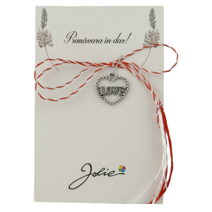 Martisor Traditional, Jolie, Model INIMA LOVE, cu Snur Impletit Alb/Rosu, 8.5 x 5.5 cm. Argintiu