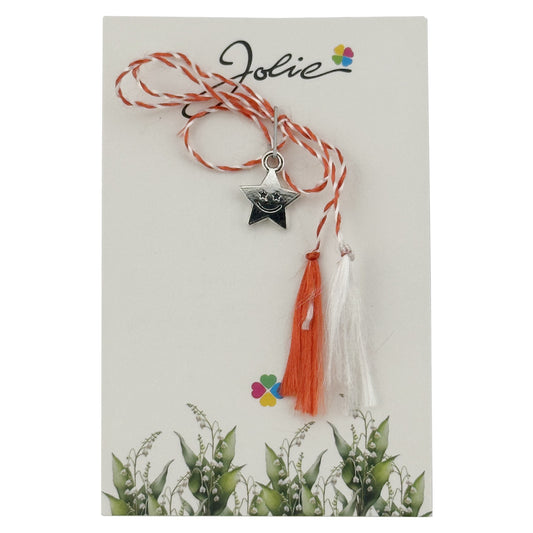 Martisor Traditional, Jolie, Model STEA, cu Snur Impletit Alb/Rosu, 8.5 x 5.5 cm, Argintiu