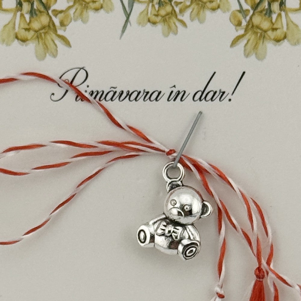 Martisor Traditional, Jolie, Model URSULET, cu Snur Impletit Alb/Rosu, 8.5 x 5.5 cm, Argintiu