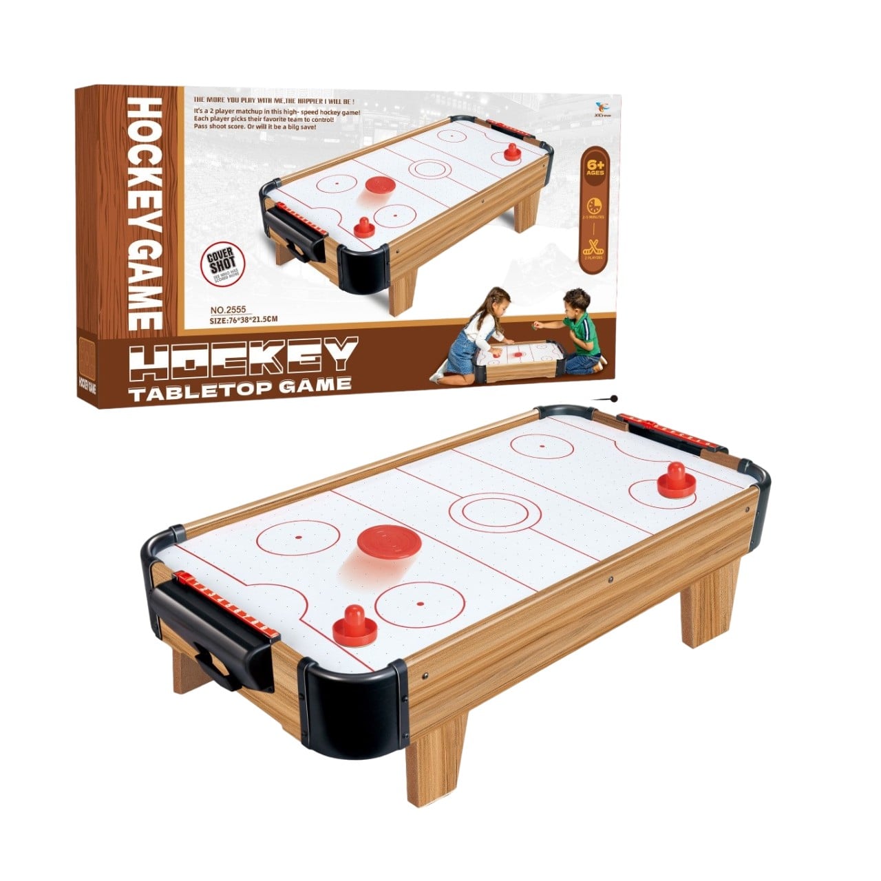 Masa Air Hockey Graffiti cu Picioare Scurte, Klevo, Lemn, 2 Pucuri, Tabela Scor, 2 Impingatoare, 76x38x21.5 cm, Maro