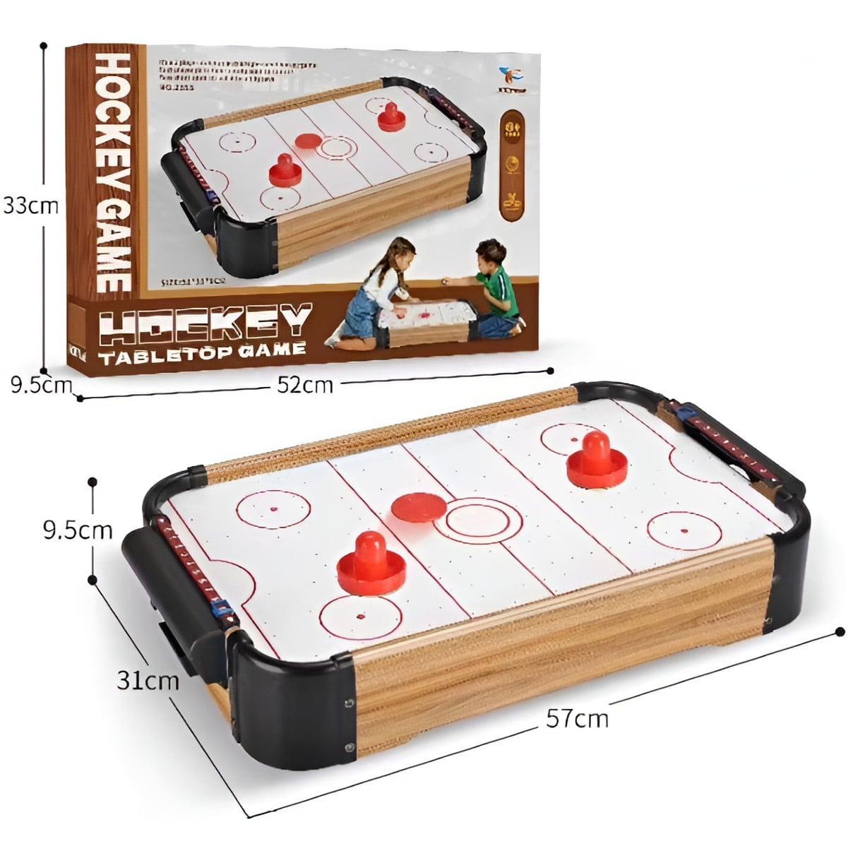 Masa Air Hockey Graffiti fara Picioare, Klevo, Lemn, 2 Pucuri, Tabela Scor, 2 Impingatoare, 57x31x9.5 cm, Maro