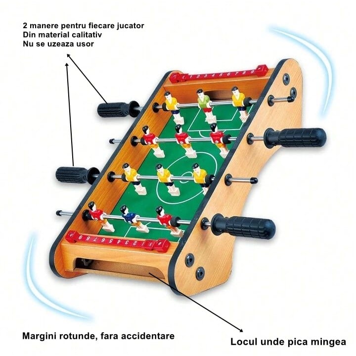 Masa de fotbal cu teren si 12 jucatori Klevo, 4 manere, cu Tablou pentru Scor, din Metal, Lemn si ABS, 37.5 x 21 x 9.5 cm, Margini Rotunjite, pentru copii/adulti