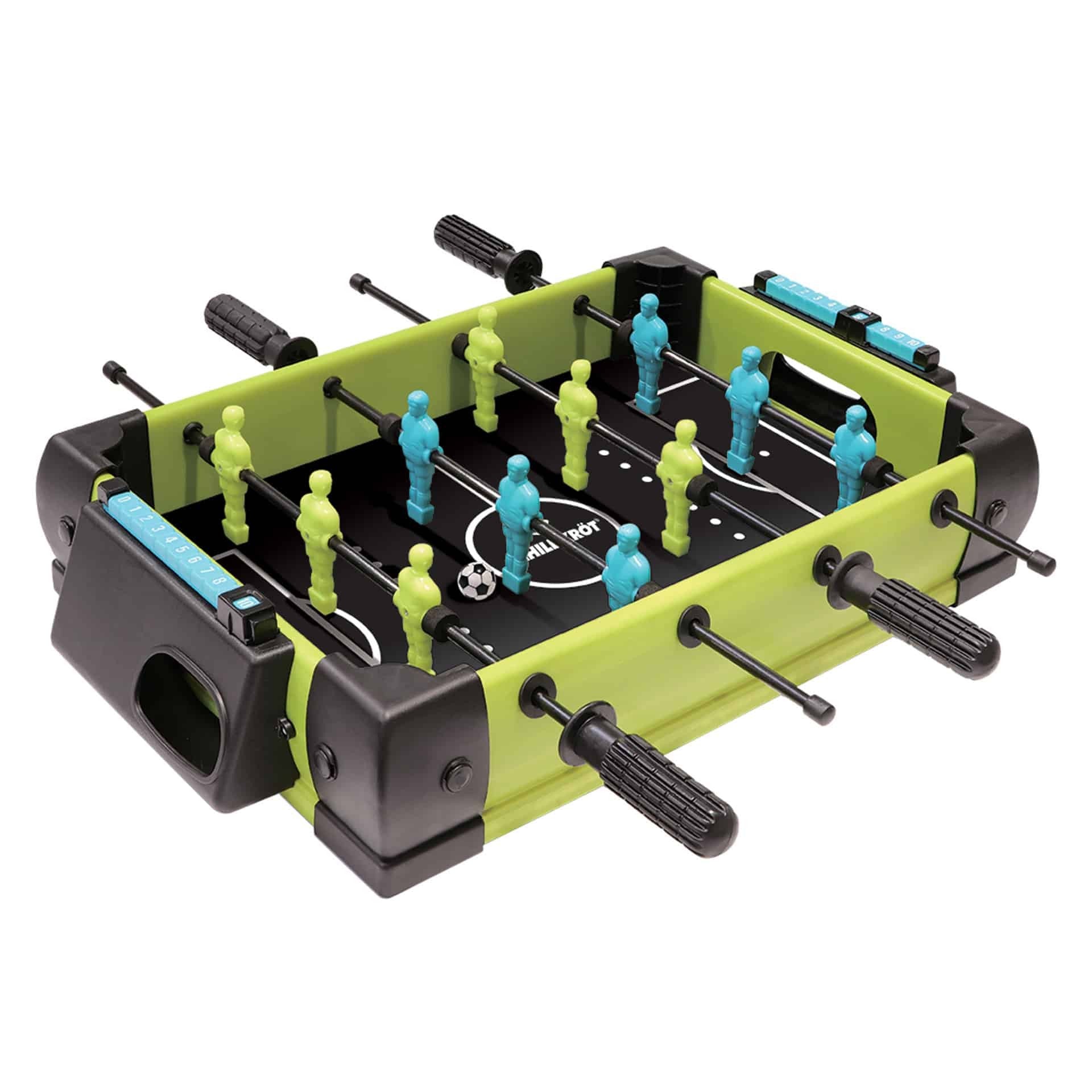 Masa de fotbal cu teren si 12 jucatori Klevo, 4 manere, cu Tablou Scor, din Metal si ABS, 36.5 x 35.5 x 8 cm, Design Multicolor, pentru copii/adulti, verde