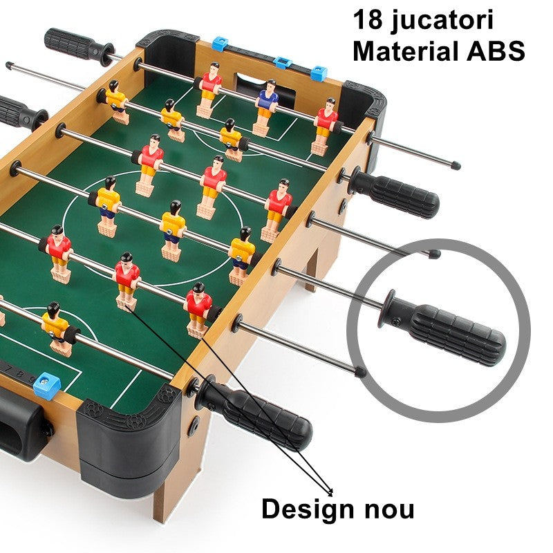 Masa de fotbal cu teren si 18 jucatori Klevo, 6 manere, cu tablou pentru scor, din metal, lemn si ABS, 51 x 44 x 17.5 cm, cu picioare, pentru copii/adulti
