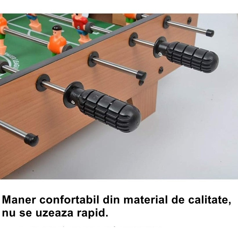 Masa de fotbal cu teren si 18 jucatori Klevo, 6 manere, cu tablou pentru scor, din metal, lemn si ABS, 50 x 25 x 18 cm, cu picioare, pentru copii/adulti
