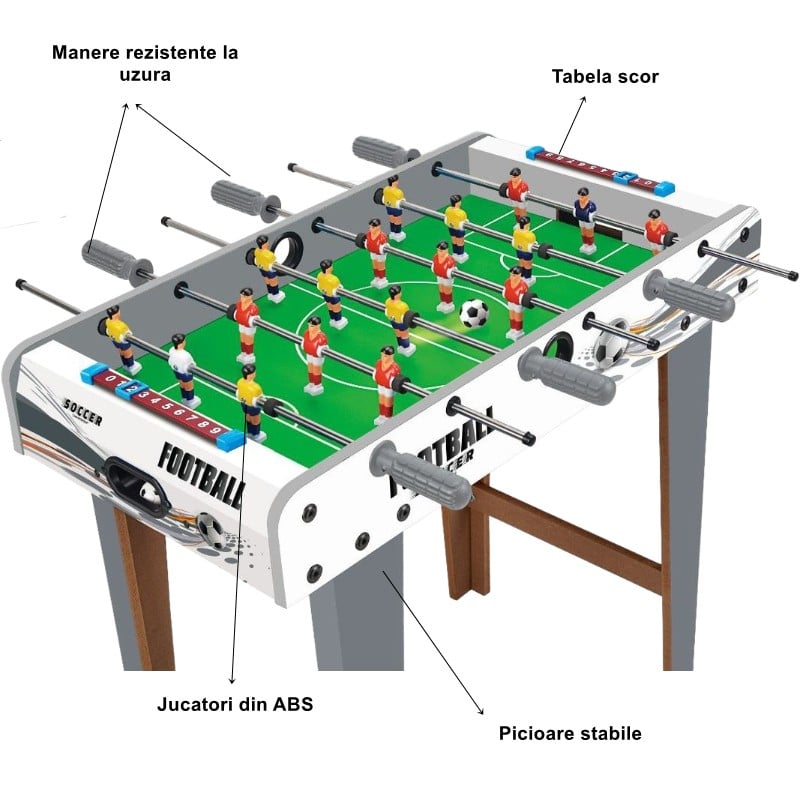 Masa de fotbal cu teren si 18 jucatori Klevo, 6 manere, cu Tablou Scor, din Metal, Lemn si ABS, 69 x 36.5 x 23 cm, cu Picioare, Design Multicolor, pentru copii/adulti