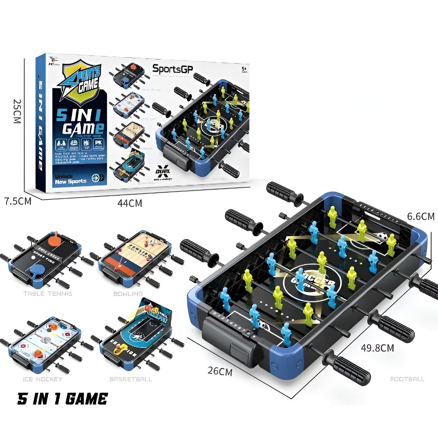 Masa de Joc 5in1 Klevo, cu Teren Schimbabil de Fotbal, Basket, Bowling, Curling si Hockey, cu Tablou Scor, din ABS, 49.8x26x6.6 cm, Design Multicolor, pentru Copii/ Adulti
