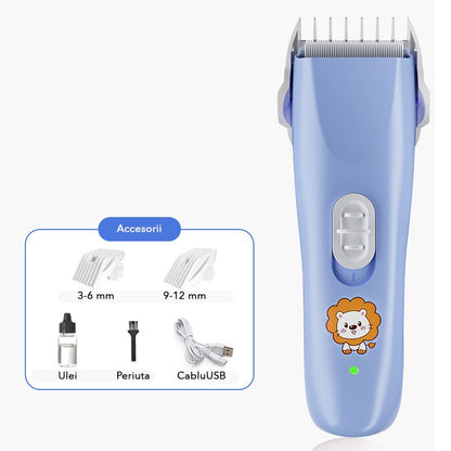 Masina De Tuns Bebelusi si Copii, Klevo, Lame Cermice si Inox, Fara Fir, Functie Anti Taiere, Silentios, 50 W, Rezistent la Apa, 2 Accesorii, Incarcator USB, Model Leu, Albastru