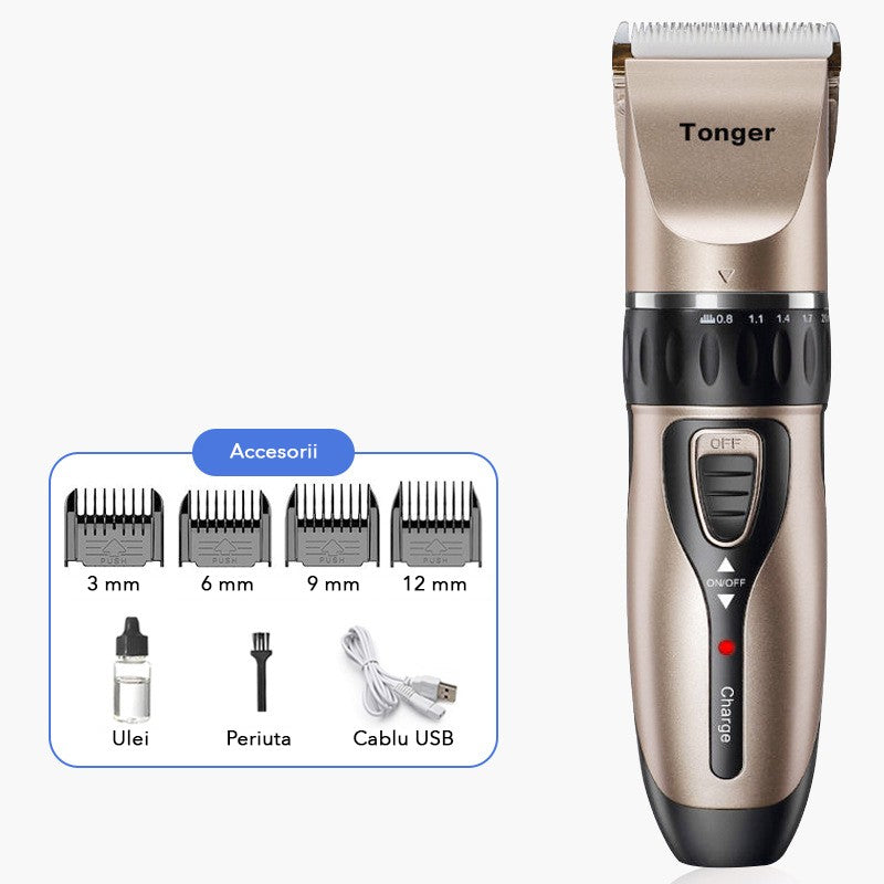 Masina De Tuns Bebelusi si Copii, Klevo, Lame Cermice si Inox, Fara Fir, Functie Anti Taiere, Silentios, 50 W, 4 Accesorii, Incarcator USB, Gold Negru