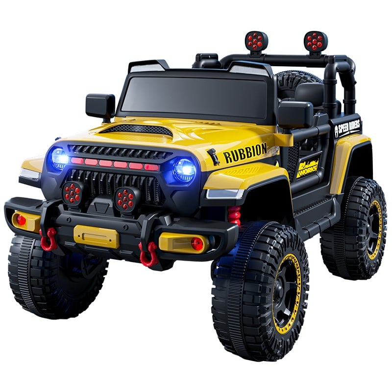 Masina Electrica pentru Copii, Klevo, Off-Road, Conectare Bluetooth, telecomanda, Tractiune Spate, Lumina Intermitenta, Baterie 12V 7Ah, 120 x 63 x 68cm, Galben