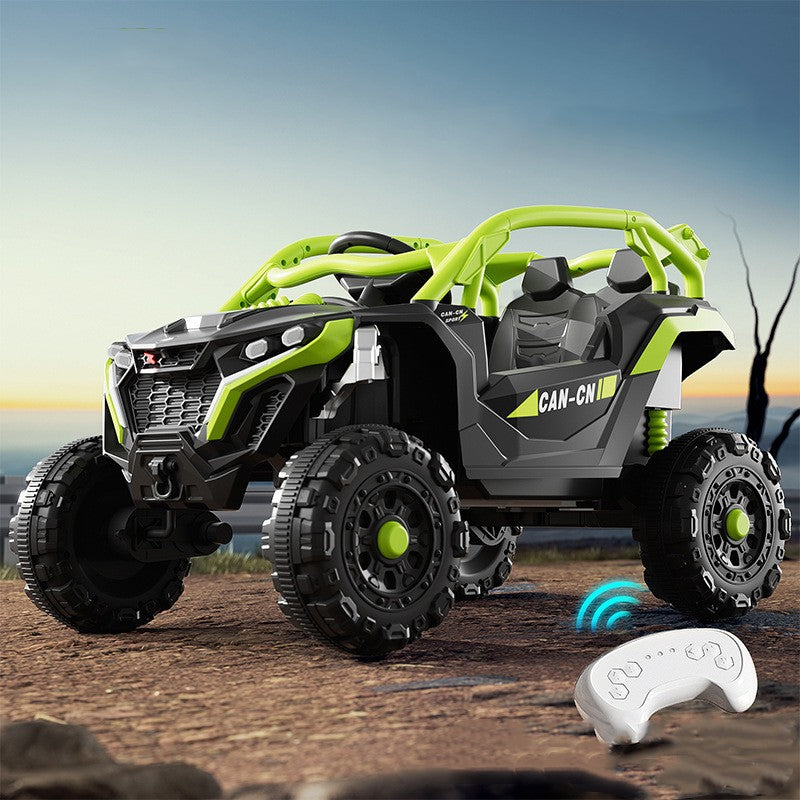 Masina Electrica pentru Copii, Klevo, Tip Buggy/UTV Off-Road Dual Drive, Conectare Bluetooth, Telecomanda, Lumina Intermitenta si Muzica, Baterie 380*2, 6V 7Ah, 97 x 62 x 58 cm, Verde Negru